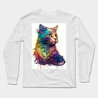 Cat Line Art Colorful Long Sleeve T-Shirt